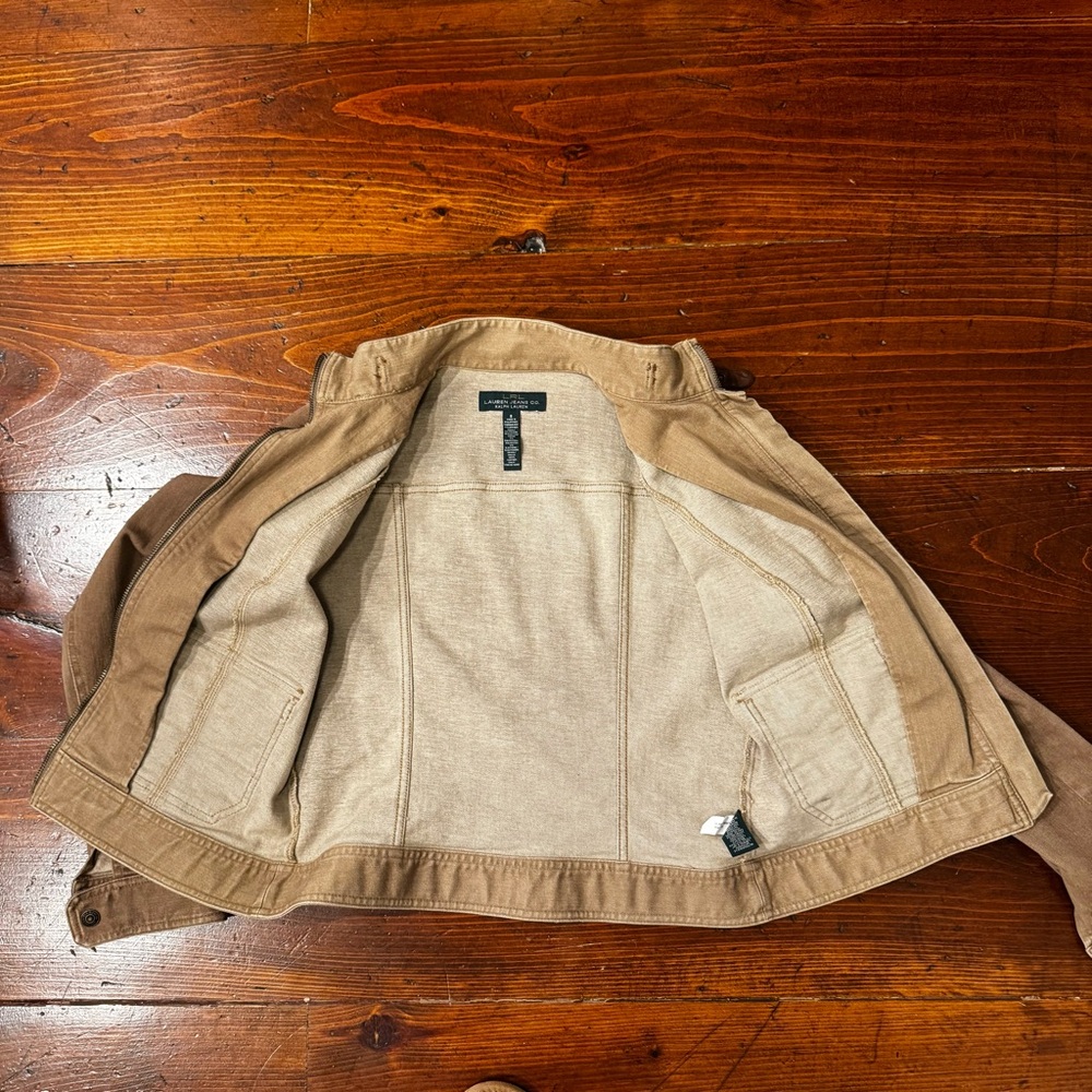 LRL- Ralph Lauren‎ Classic Tan Canvas with Leather Trim Moto Jacket. Size 8 - Picture 7 of 11
